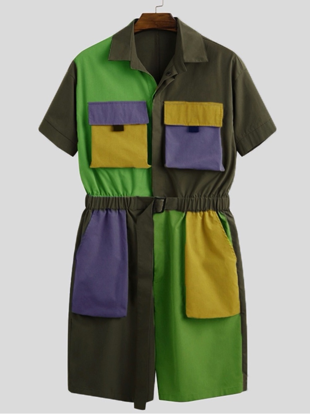 Incerun Colorblock Utility Romper in Olive, Green, Purple & Mustard